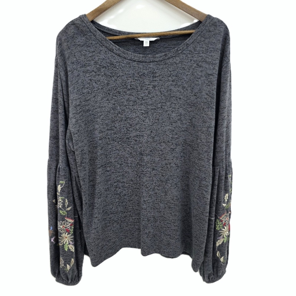 Time and Tru Womens XXL Charcoal Floral Embroidered Balloon Sleeve Knit Top